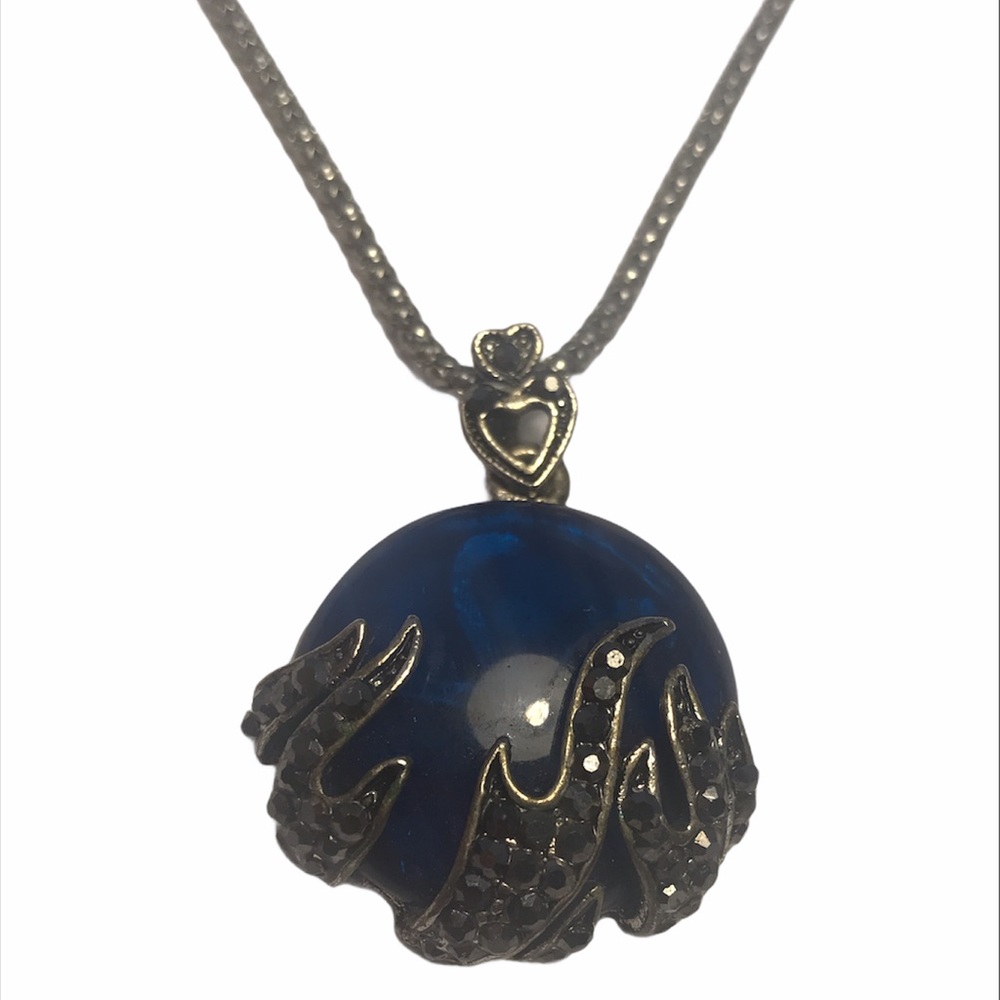 Vintage Marcasite Necklace Blue Stone Heart Flame